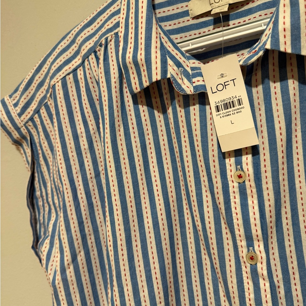 LOFT White and Blue Striped Button Down Shirt - Picture 8 of 15